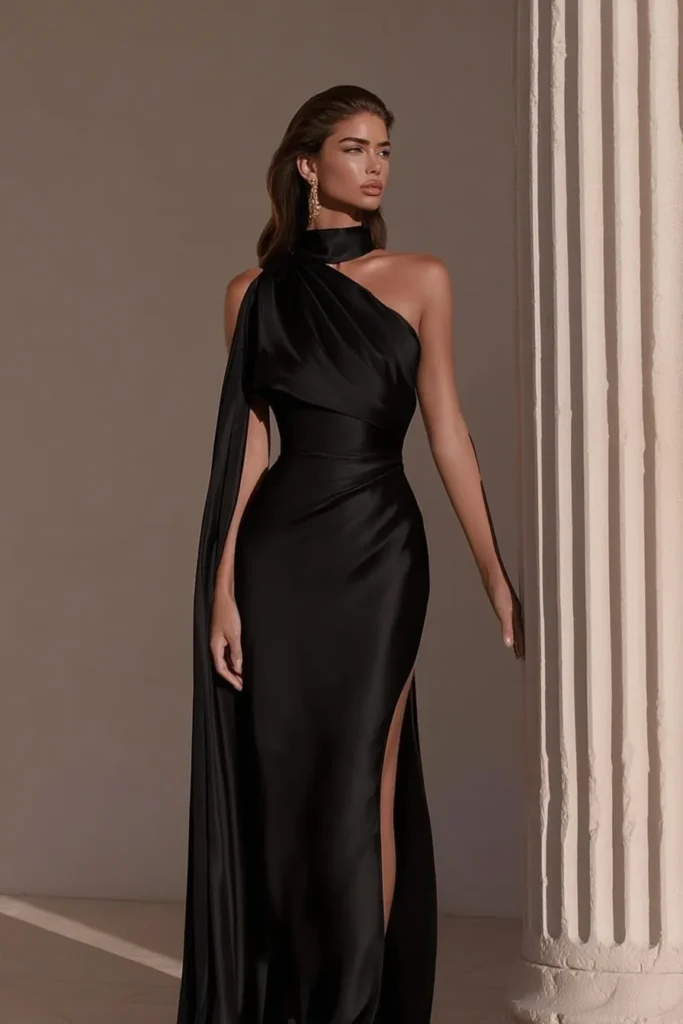 Elegant wedding guest dress in black, with one-shoulder asymmetrical neckline with sleeve, body-hugging silhouette, perfect for formal wedding ceremonies and cocktail receptions