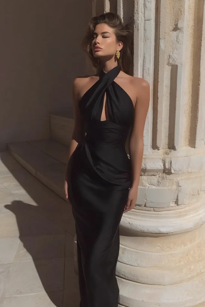 Glamorous black wedding guest dress with statement halter neckline, fitted silhouette, floor-length hemline, and gold earring accessories for upscale fall wedding events