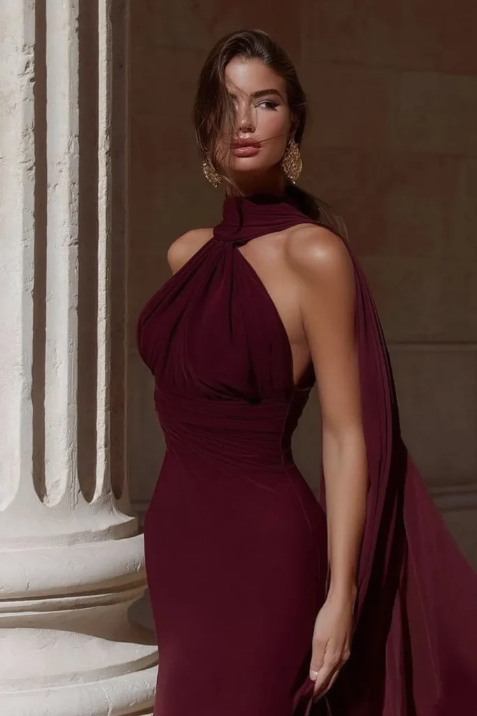 Glamorous burgundy Fall Wedding Guest Dress October with halter style, and leg slit detail, elegant fall wedding guest dress, perfect for autumn wedding events, and formal evening wear design