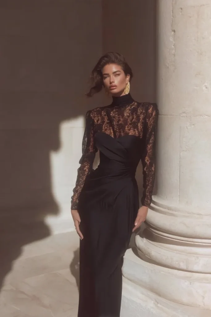 Glamorous fall wedding guest dress with lace sleeves, high neck design, lace detailing, fitted silhouette, gold accessories for formal autumn wedding ceremonies and seasonal celebrations