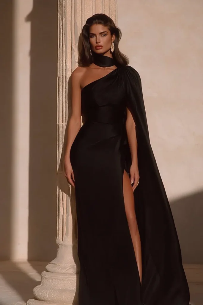 Luxurious black elegant wedding guest dress with off-shoulder design, flowing draped fabric, figure-flattering style, styled gold earrings ideal for upscale wedding celebrations and evening event