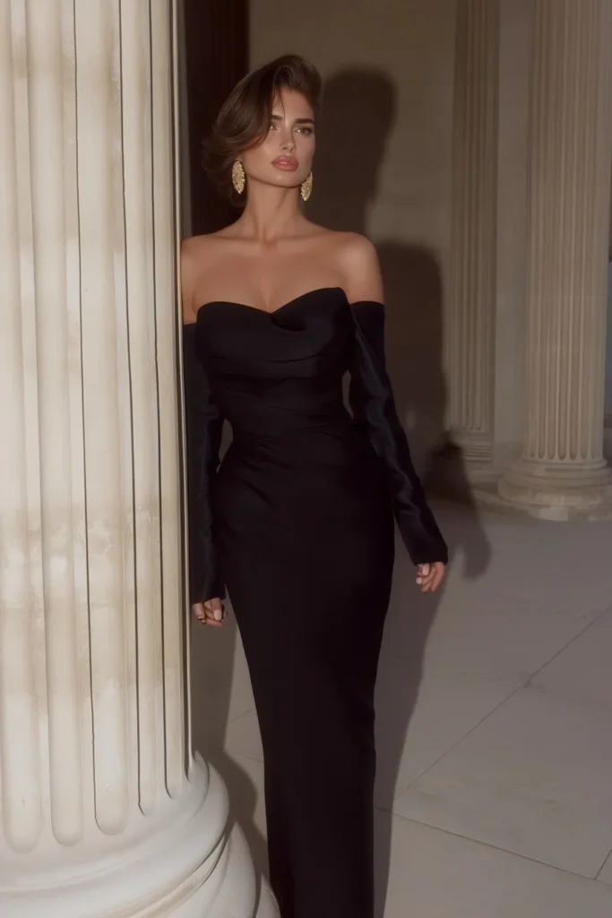 Luxurious black old money wedding guest dress, off-the-shoulder neckline, draping, structured sleeves, and timeless sophisticated styling, styled with gold earrings and heels.