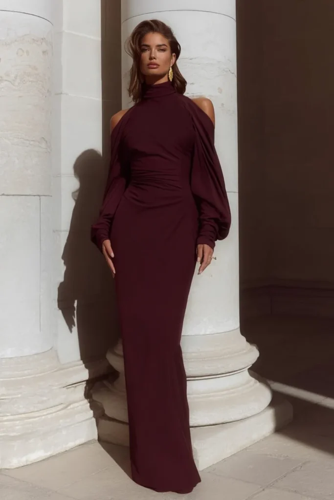 Sophisticated autumn wedding guest dress in a burgundy color with glamorous turtleneck design, off-shoulder long sleeves, and luxurious full-length styling ideal for October wedding receptions