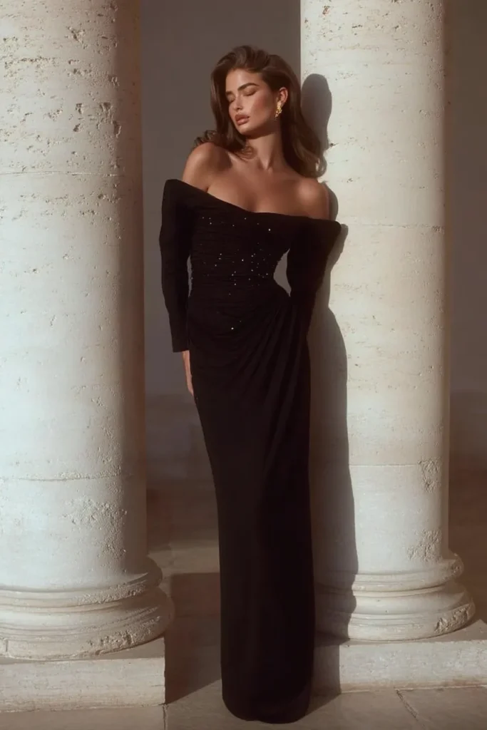 Sophisticated black old money wedding guest dress with off-shoulder neckline, long sleeves, and draped bodice detail, styled with gold earrings.
