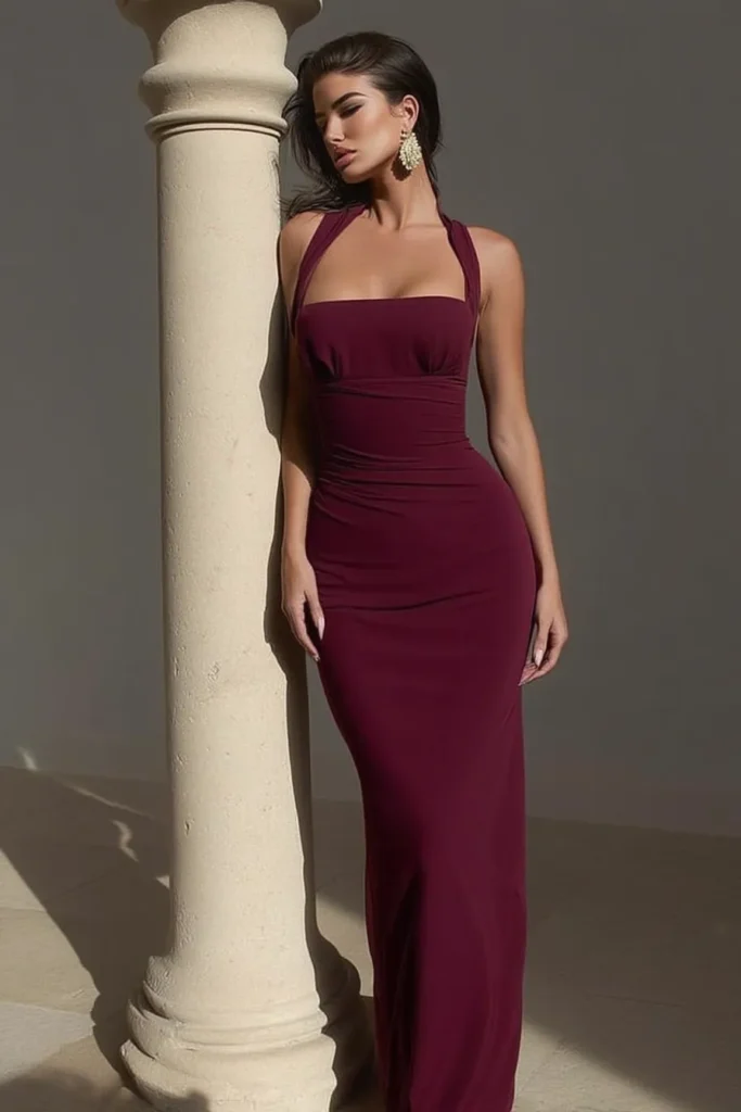 Sophisticated burgundy elegant wedding guest dress with halter square neckline with shoulder straps, ruched waist detailing, and floor-length silhouette, styled with gold statement earrings