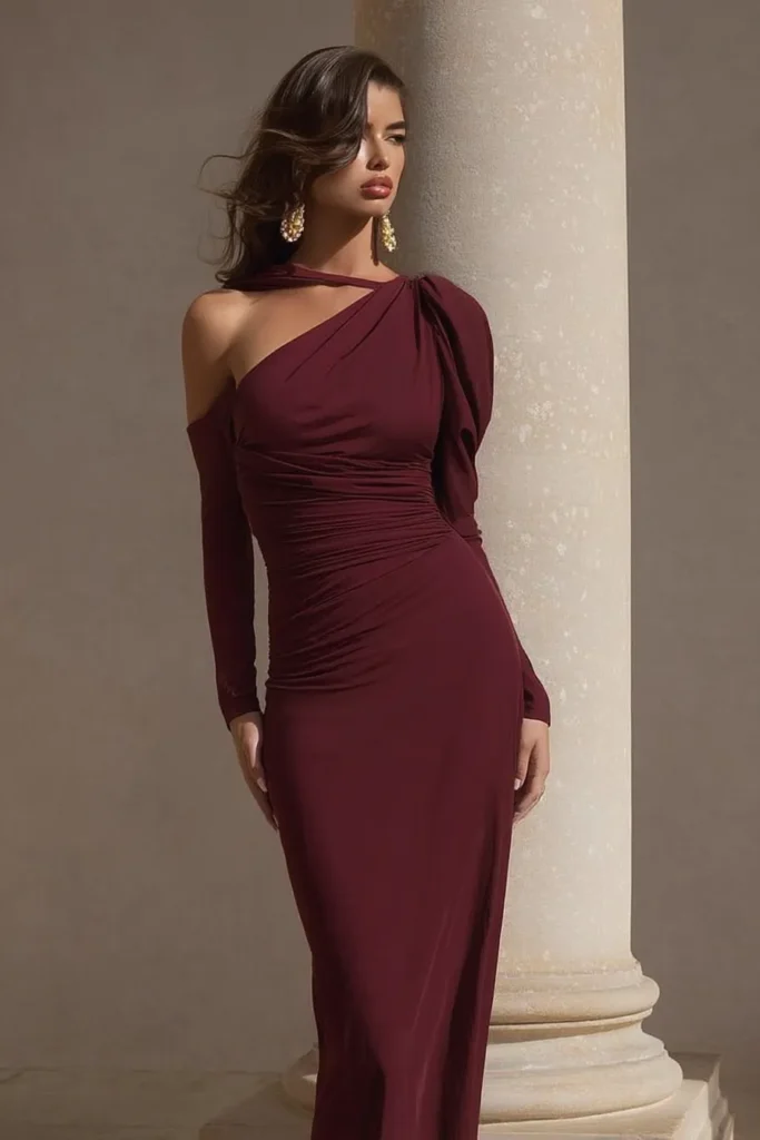 Sophisticated burgundy one-shoulder wedding guest dress with asymmetrical neckline, ruched waist detailing, and fitted silhouette, styled with gold statement earrings for formal wedding ceremonies