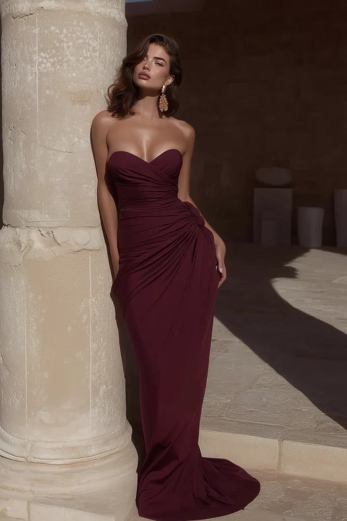 Sophisticated classy wedding guest dress showcasing a burgundy color with strapless design, ruched detailing, body-contouring fit, and long hemline ideal for  evening wedding receptions