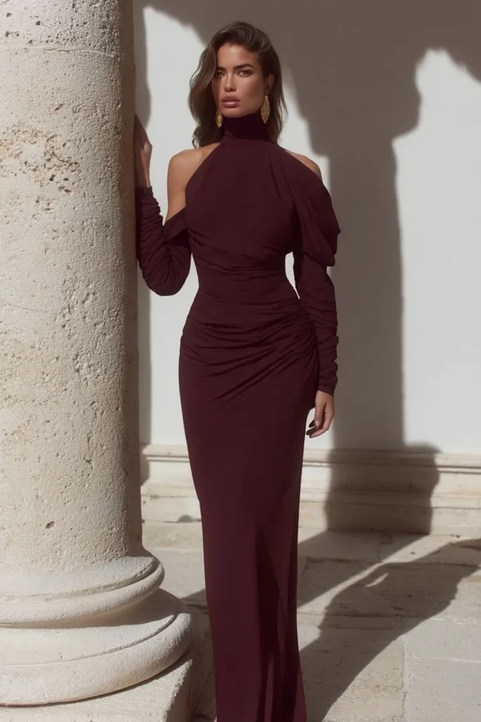 Stunning autumn wedding guest dress in burgundy with elegant high neckline and cold-shoulder sleeves, and sophisticated floor-length silhouette perfect for fall wedding celebrations