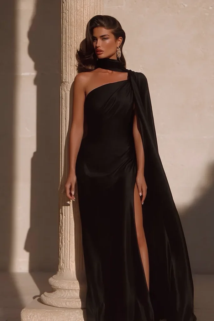 Stunning elegant wedding guest dress in black satin fabric with one-shoulder neckline, fitted waist, and sophisticated formal wear design ideal for luxury wedding events and upscale celebrations