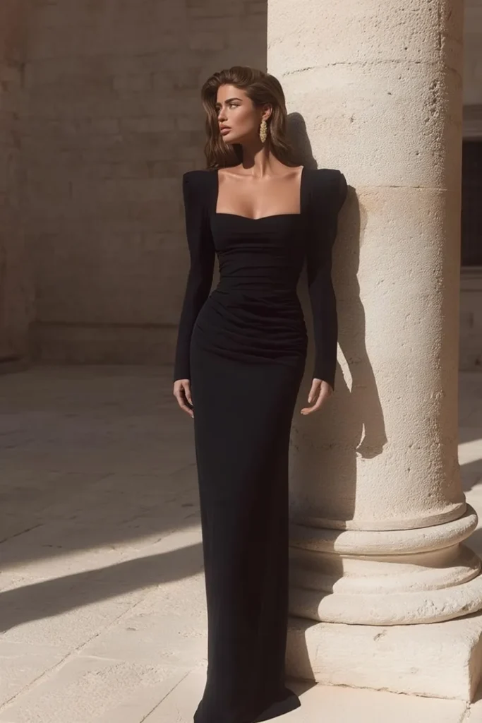 Woman wearing elegant black wedding guest dress fall style with square neckline, long sleeves, ruched bodice detailing, and fitted silhouette against marble columns