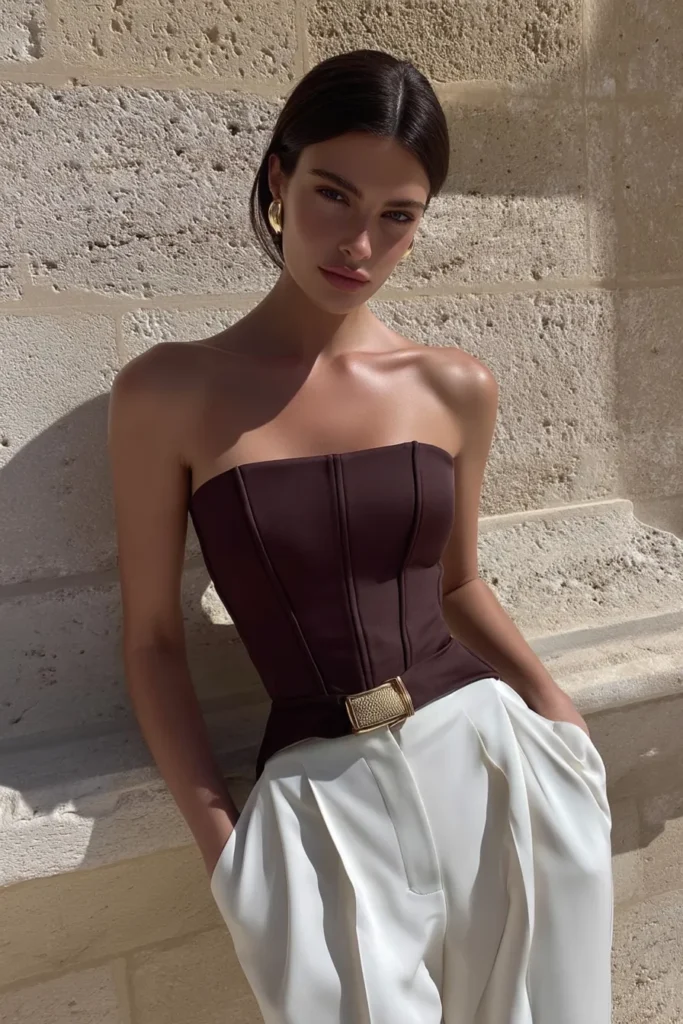 Chic classy fall outfits woman wearing a brown strapless top with belt detail, crisp white wide-leg pants, gold jewelry, and editorial styling perfect for seasonal autumn fashion