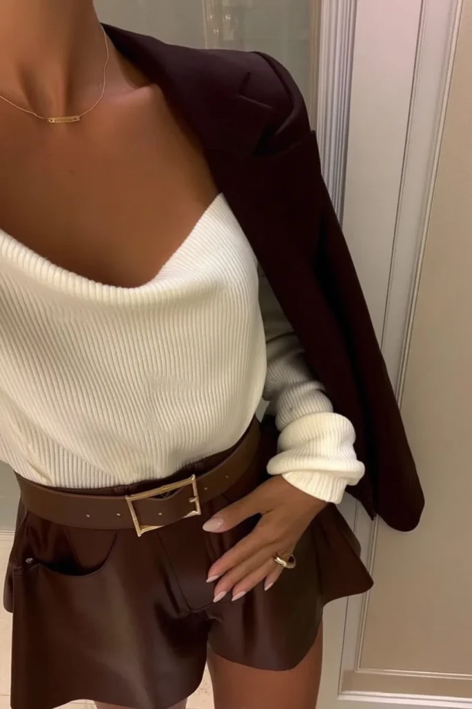 Chic cute fall outfits, cream ribbed knit top with brown blazer, styled with rich brown tailored shorts with brown leather belt, finished with gold earrings, for luxury fall fashion