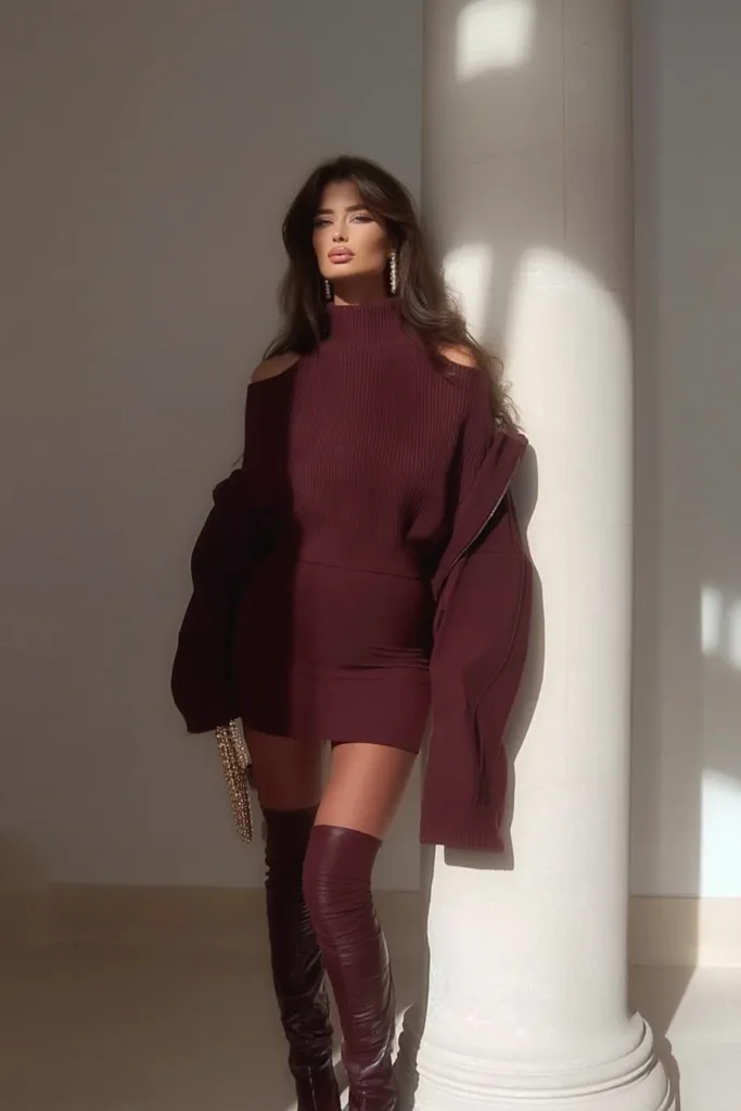 Chic cute fall outfits, layered burgundy look with oversized knit turtleneck, mini skirt, tall boots, structured handbag, and statement jewelry for cozy seasonal fashion