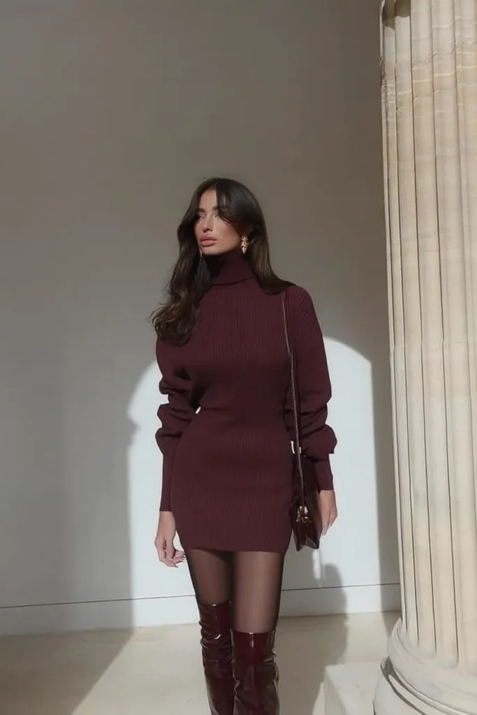 Chic fall inspo outfits, monochromatic burgundy look with fitted cable-knit sweater dress, tall boots with glossy finish, shoulder bag, tights and gold drop earrings