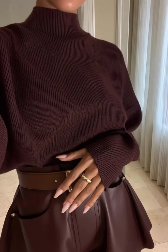 Effortlessly chic brown fall outfits aesthetic is all about warm tones and elevated textures. This look balances cozy and edgy by pairing a ribbed knit sweater with a sleek leather mini skirt. Pin it now for your ultimate fall outfit inspiration and discover more chic seasonal looks.