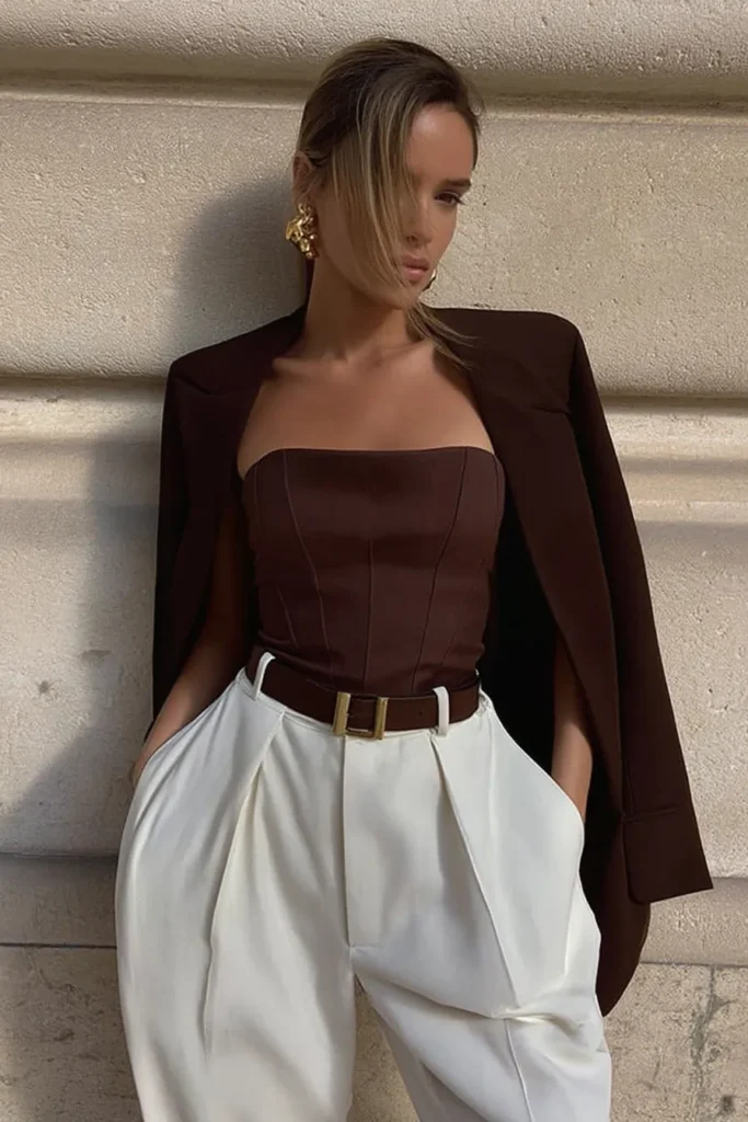 Chic fall outfits, luxurious brown blazer, matching strapless bustier, white flowing trousers, statement leather belt, and gold accessories, timeless seasonal fashion inspiration