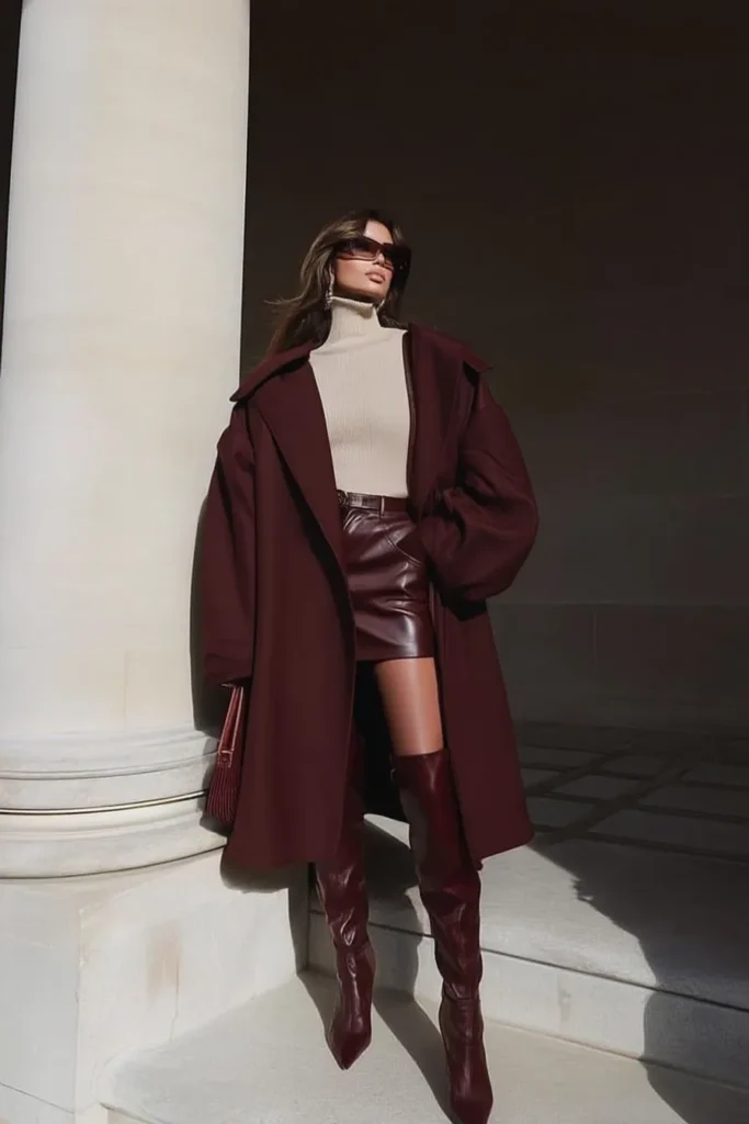 Chic fall outfits women, oversized burgundy wool coat layered over cream turtleneck sweater, leather skirt, knee-high patent leather boots, and sunglasses for sophisticated autumn fashion inspiration