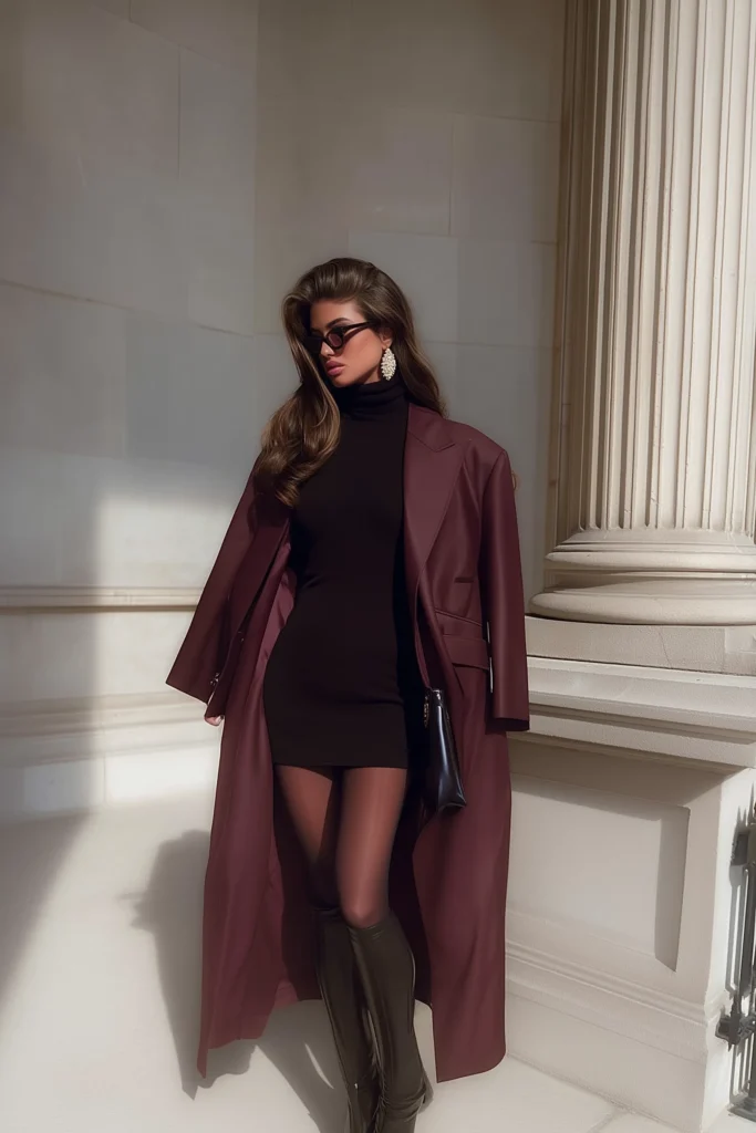 Chic fall winter outfits, elegant color contrast with burgundy tailored coat, fitted black dress with high neckline, boots, tortoiseshell sunglasses, and ornate drop earrings