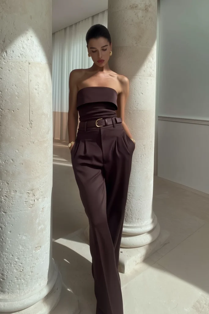 Chic trendy fall outfits, cocoa brown strapless wide-leg jumpsuit with tailored fit, statement leather belt, gold accessories, and earth tone color palette perfect for autumn styling