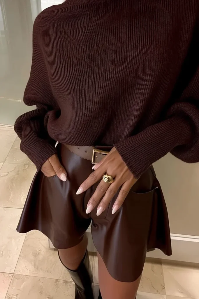 Cozy fall outfits aesthetic, rich chocolate brown ribbed knit oversized sweater with turtleneck, brown leather mini skirt with belt detail, creating perfect monochromatic autumn styling
