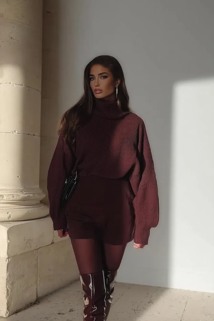 Cute fall outfits, cozy burgundy oversized ribbed turtleneck sweater styled with mini skirt, knee-high boots, crossbody bag, and earrings for stylish autumn styling inspiration