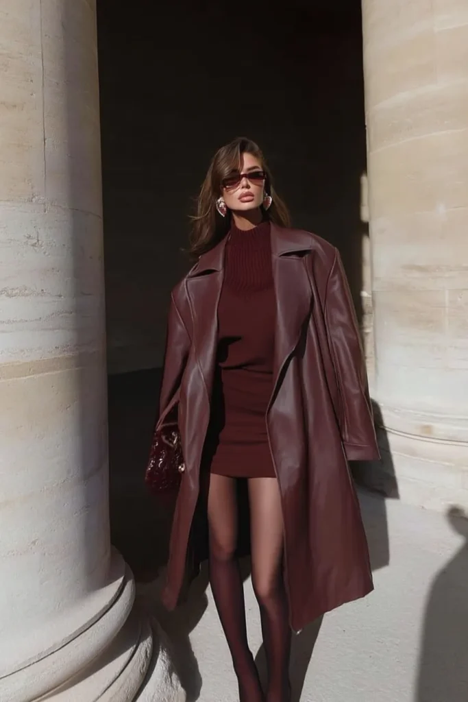 Designer fall fashion outfits, leather outfit with long belted burgundy coat, cream knit sweater dress, matching knee-high boots with heels, statement accessories