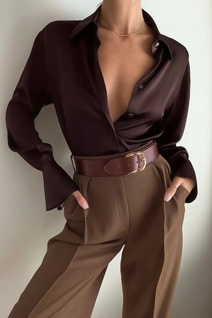 Elegant fall autumn outfits, brown shirt with classic collar and casual button-up design, beige pleated trousers with high waist, statement leather belt, gold bracelet, perfect seasonal coordination