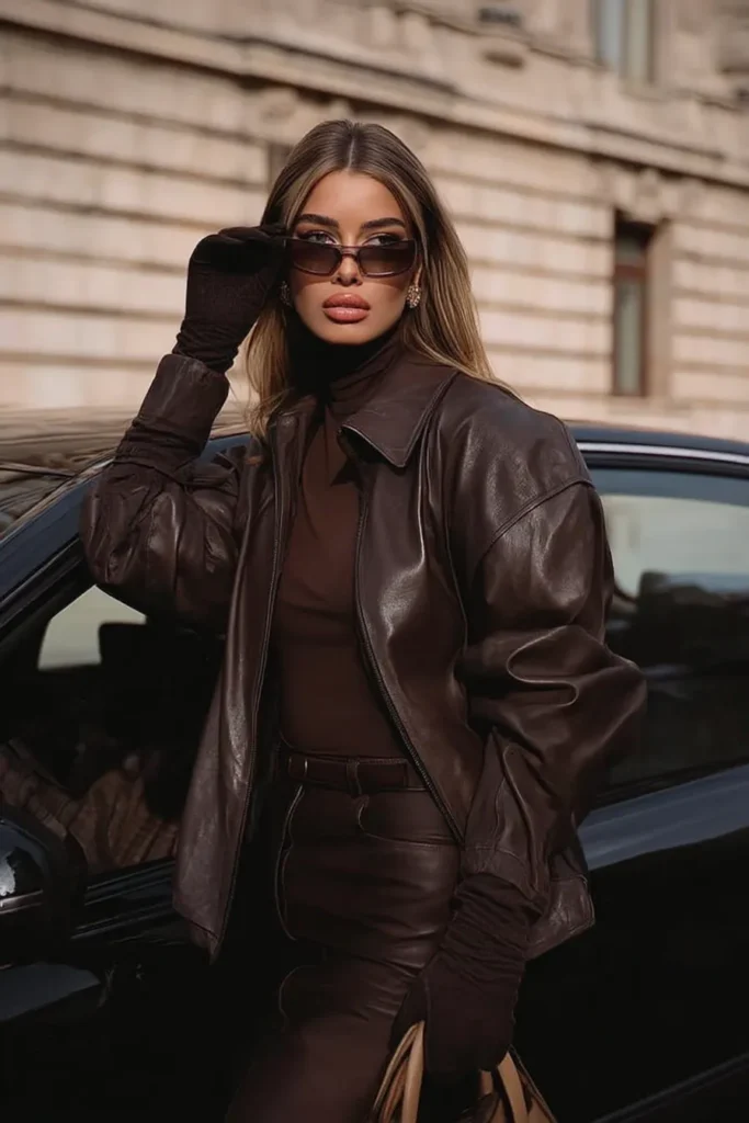 Elegant fall fashion outfits, brown leather jacket, black knit jumper, gold accessories, and  perfect autumn layering techniques for cool weather fashion