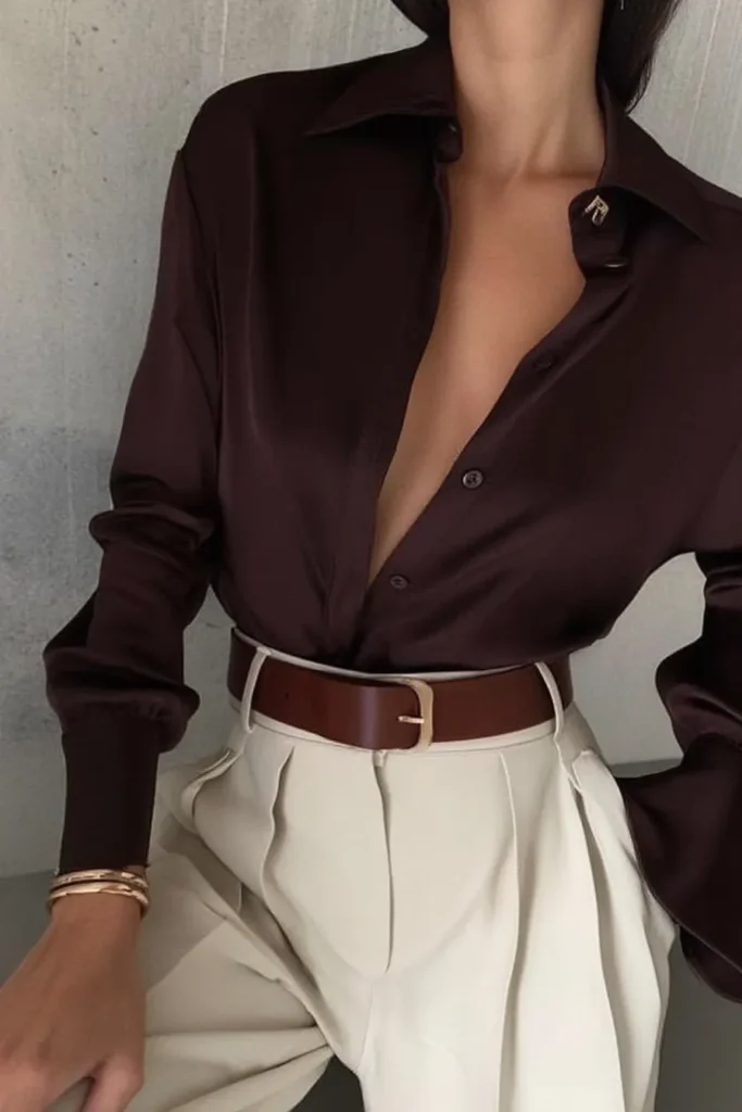 Elegant fall inspo outfits, luxurious brown shirt with relaxed fit, cream colored pleated trousers, statement leather belt, gold accessories, timeless seasonal fashion inspiration