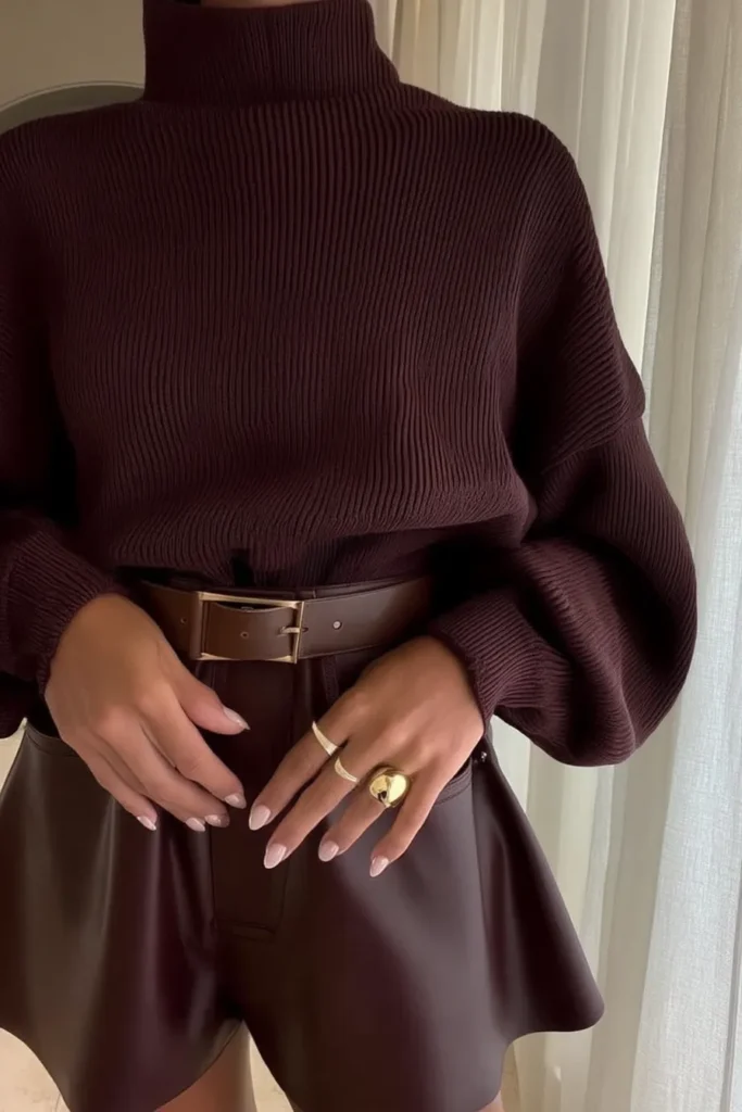 Elegant fall outfits aesthetic with brown knitted sweater in relaxed fit, matching leather mini skirt, belt with hardware detail, metallic jewelry, sophisticated monochrome autumn wardrobe aesthetic