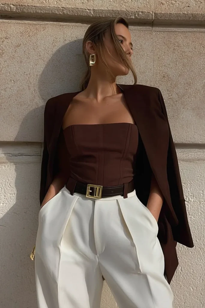 Elegant fall outfits, structured brown blazer worn over fitted bandeau top, palazzo pants, brown leather belt, gold jewelry accessories, and styling creating perfect autumn color coordination