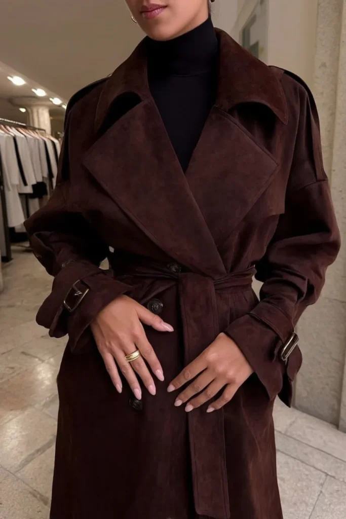 Elegant fall winter outfits, brown trench coat with classic silhouette, turtleneck layering piece, gold ring, creating sophisticated autumn winter look perfect for professional or casual styling