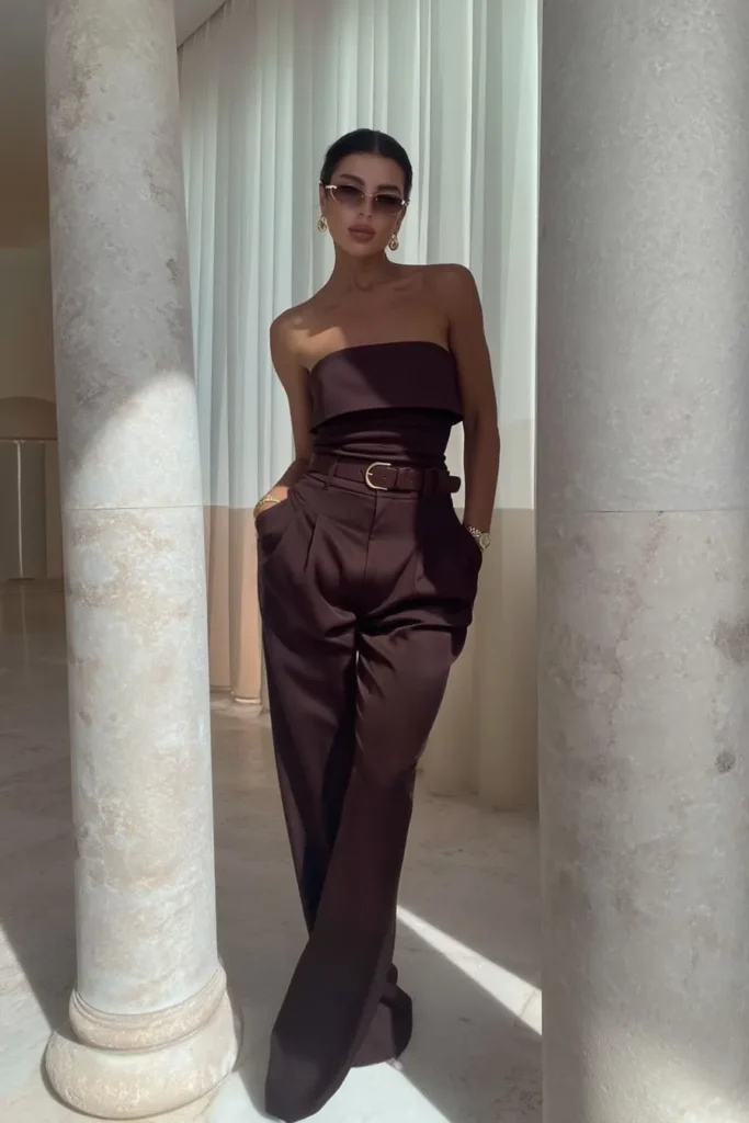 Elegant trendy fall outfits showcasing one-piece brown outfit with bandeau top, pleated wide-leg pants, cinched waist belt, gold earrings, and minimalist styling