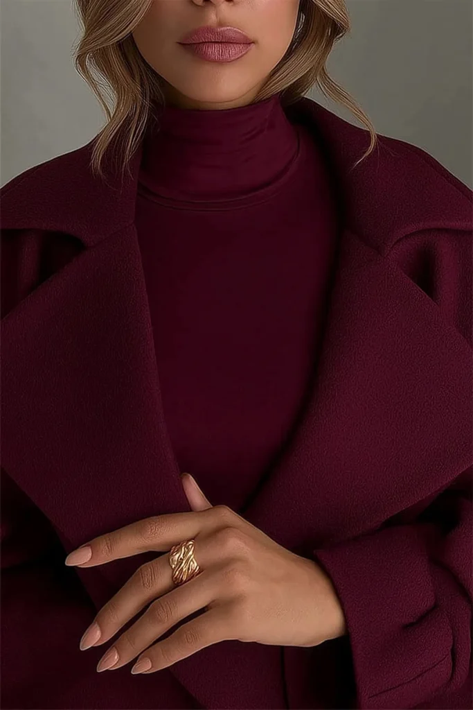 Fall winter outfits, burgundy wool coat with woven texture, layered over ribbed turtleneck, gold jewelry for sophisticated autumn winter fashion styling suitable for professional and casual wear