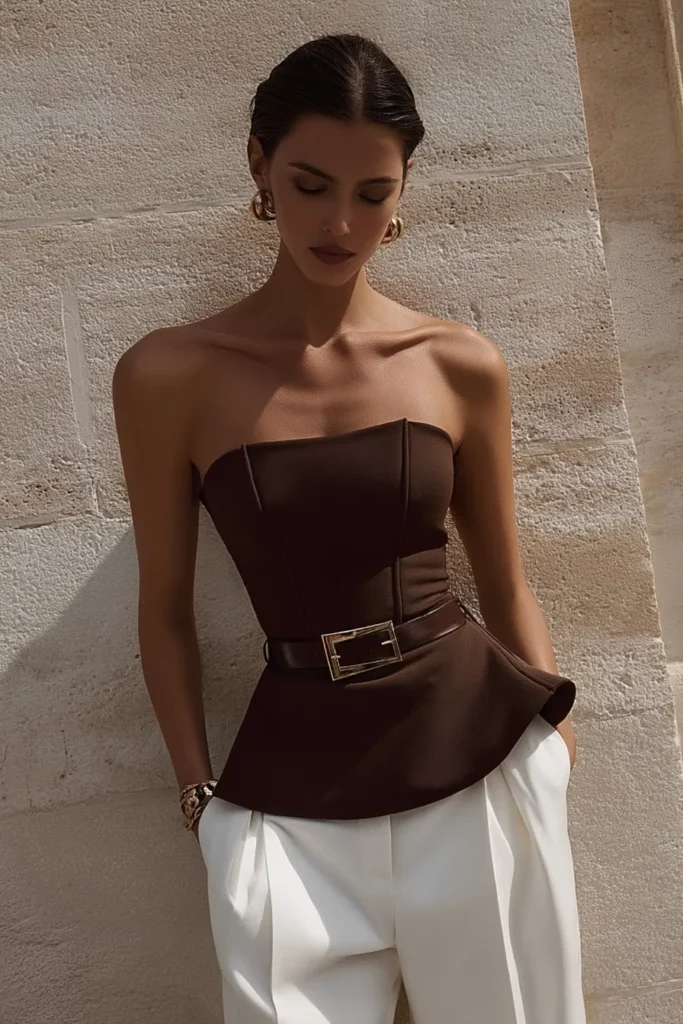 Luxurious classy fall outfits with rich cocoa brown bustier, gold buckle belt, cream colored flowing bottoms, metallic accessories, and effortless hair creating sophisticated autumn wardrobe looks
