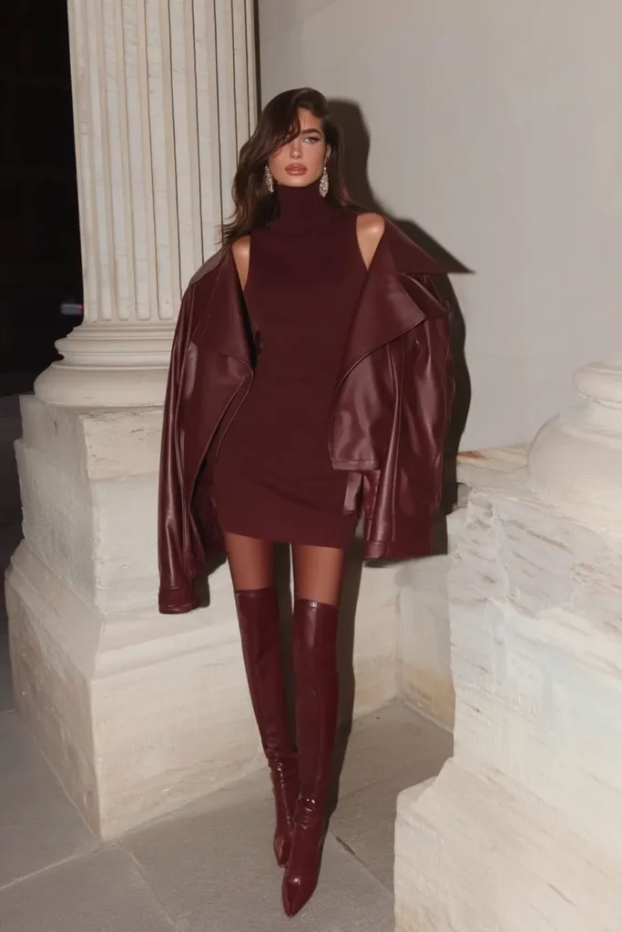 Luxurious fall outfits in burgundy sleeveless turtleneck mini dress with oversized maroon leather  jacket, matching thigh-high patent leather boots, and gold earrings