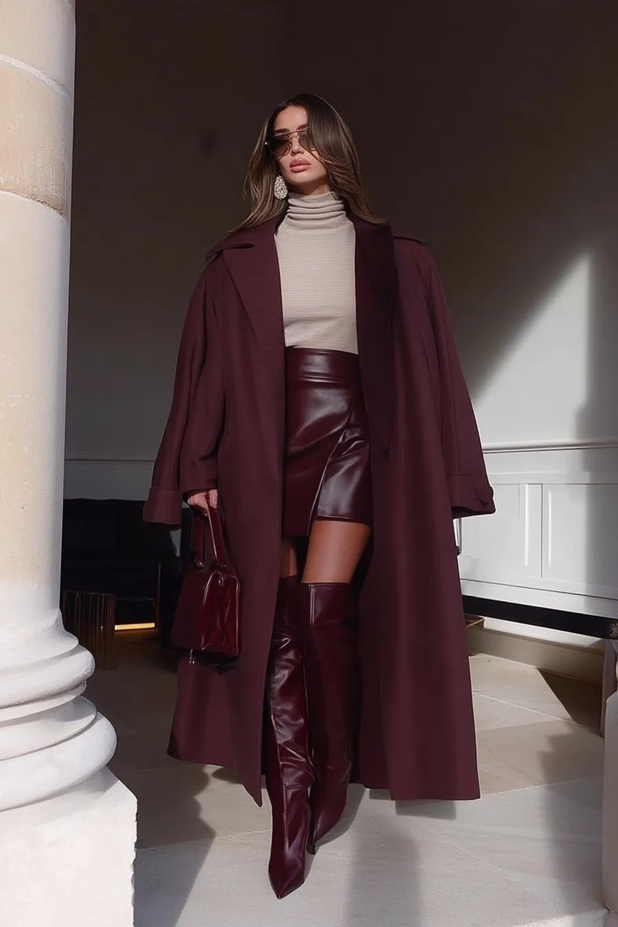 Luxurious fall outfits women, with monochromatic burgundy look with long tailored coat, cream, knit turtleneck, high-waisted leather mini skirt, tall boots, statement earrings, and structured handbag