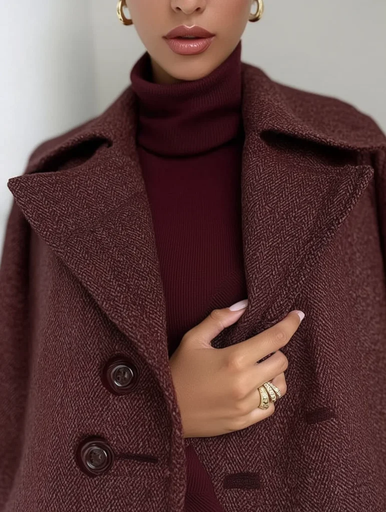 Luxurious fall winter outfits, burgundy textured wool coat with buttons, layered over ribbed turtleneck sweater, accessorized with gold hoop earrings and stacked rings for elegant  styling