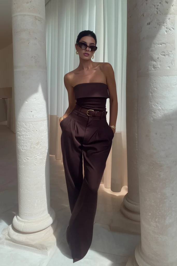 Luxurious trendy fall outfits inspiration with brown strapless wide-leg high-waisted trousers, leather belt with metal hardware, gold ear accessories, creating timeless autumn fashion statement