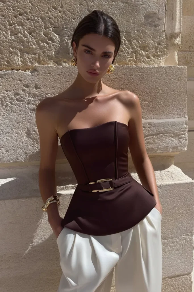 Sophisticated classy fall outfits, chocolate brown bandeau bustier with structured silhouette, gold belt, ivory palazzo pants, statement gold jewelry, minimalist styling, perfect autumn color palette