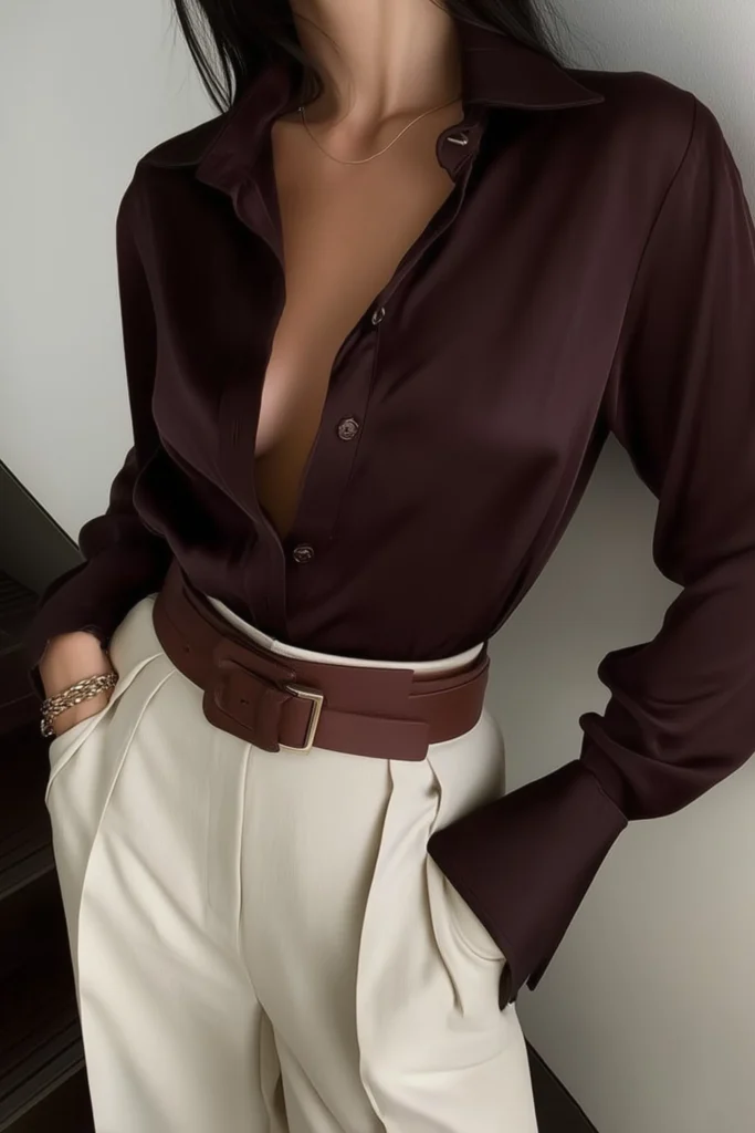 Sophisticated fall inspo outfits,  brown silk blouse with collar, ivory wide-leg pants, brown leather belt accent, layered gold jewelry, and effortless styling creating perfect autumn color coordination