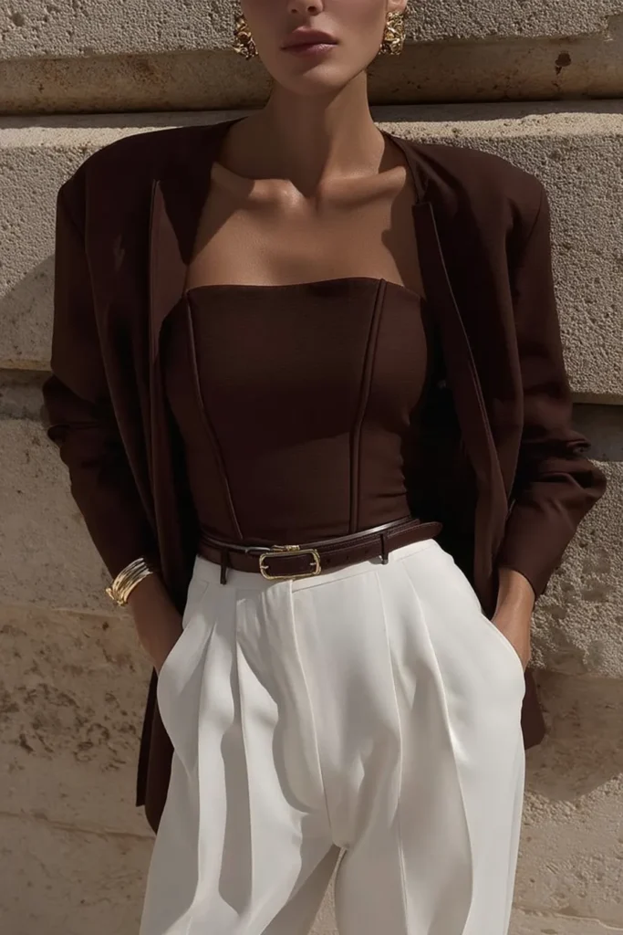 Sophisticated fall outfits, chocolate brown tailored blazer layered over corset top, styled with cream white high-waisted wide-leg trousers, cognac leather belt with gold buckle, and gold earrings