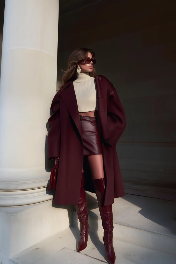 Sophisticated fall outfits women, burgundy styling, oversized wool coat, cream ribbed sweater, fitted leather skirt, knee-high boots, designer accessories, for luxury autumn fashion