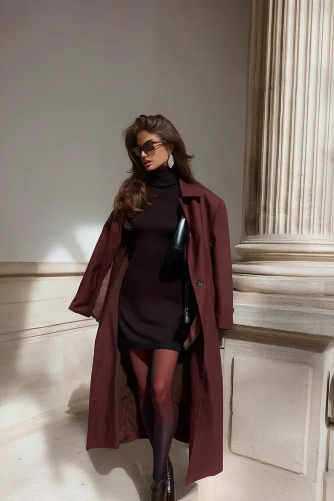 Sophisticated fall winter outfits, long burgundy wool coat layered over black leather turtleneck mini dress,  tights, ankle boots, sunglasses, and earrings for transitional seasonal styling inspiration