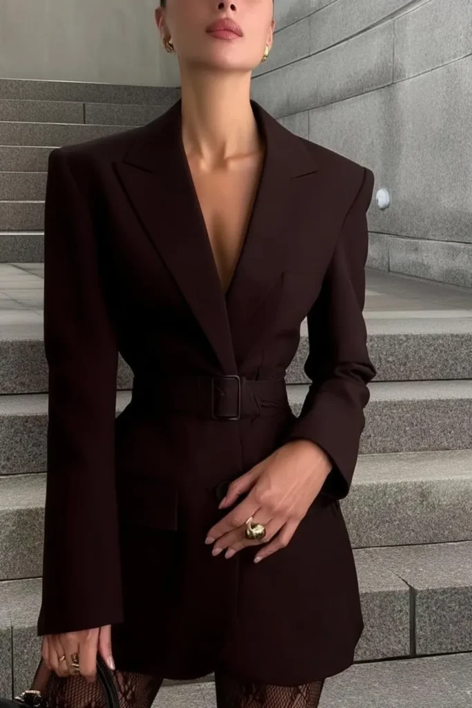 Sophisticated fall work outfits for women, brown blazer with belt detail, oversized, gold rings, and styling demonstrating premium autumn workwear trends for career-focused women