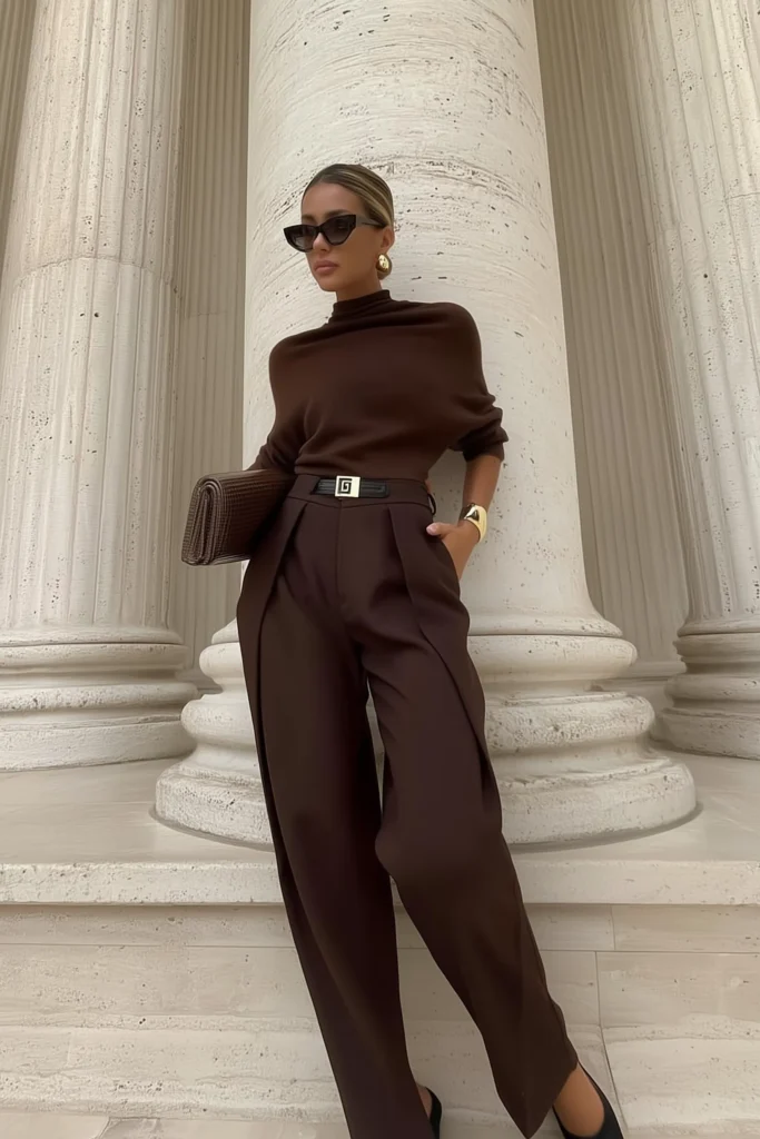 Sophisticated outfits fall, rich brown turtleneck sweater styled with wide-leg trousers and belt, accessorized with sunglasses, gold earrings, and textured clutch for luxury autumn styling