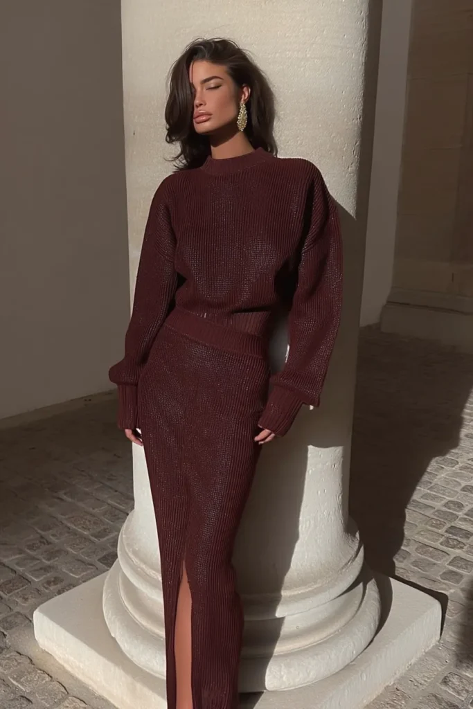 Stylish comfy fall outfits, woman in burgundy ribbed knit sweater dress with long sleeves and side slit, styled with gold earrings and black heels for cozy autumn fashion styling