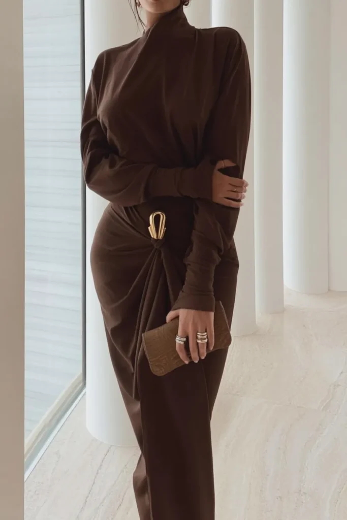 Stylish cozy fall outfits warm cocoa-colored dress with loose-fitting silhouette, accessorized with metallic statement rings against bright natural lighting ideal for comfortable fall weekend wear