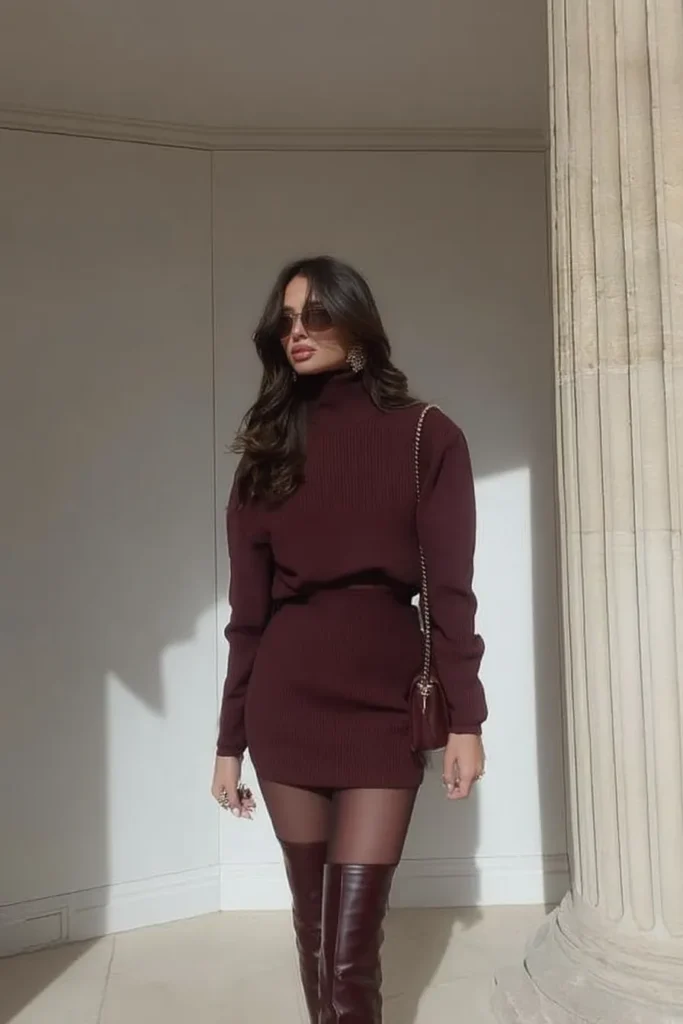 Stylish cute fall outfits, featuring comfortable burgundy ribbed sweater, mini skirt, coordinating knee-high boots with buckle, and elegant earrings