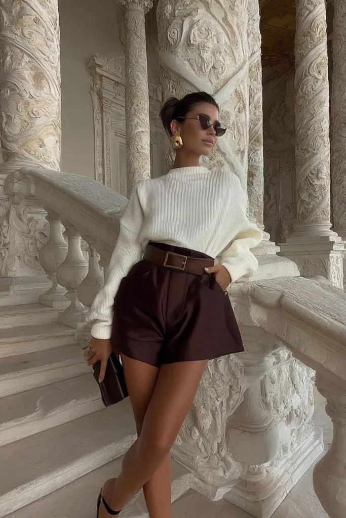 Stylish cute fall outfits, off-white textured sweater with brown shorts featuring belt loops and tailored fit, with gold earrings, ideal for upscale autumn wardrobe